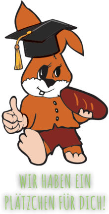 Hase mit Keks in der Hand sagt: Wir haben ein Plätzchen für Dich!